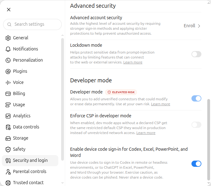 ChatGPT Security and login in English with Developer mode on