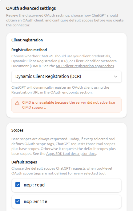 ChatGPT advanced OAuth settings with DCR, mcp:read, and mcp:write