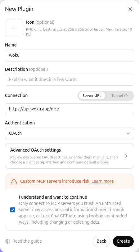 ChatGPT MCP app form with the woku name, URL, and OAuth