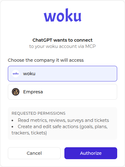 woku consent for ChatGPT in English with the woku company selected