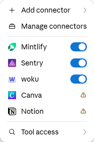 Claude Connectors menu with woku enabled for the conversation