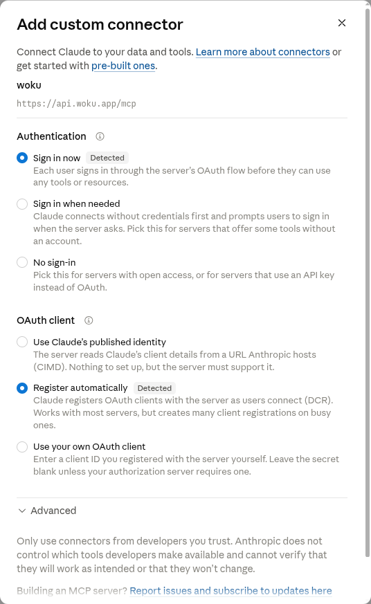 Second connector step in Claude with Sign in now and Register automatically selected