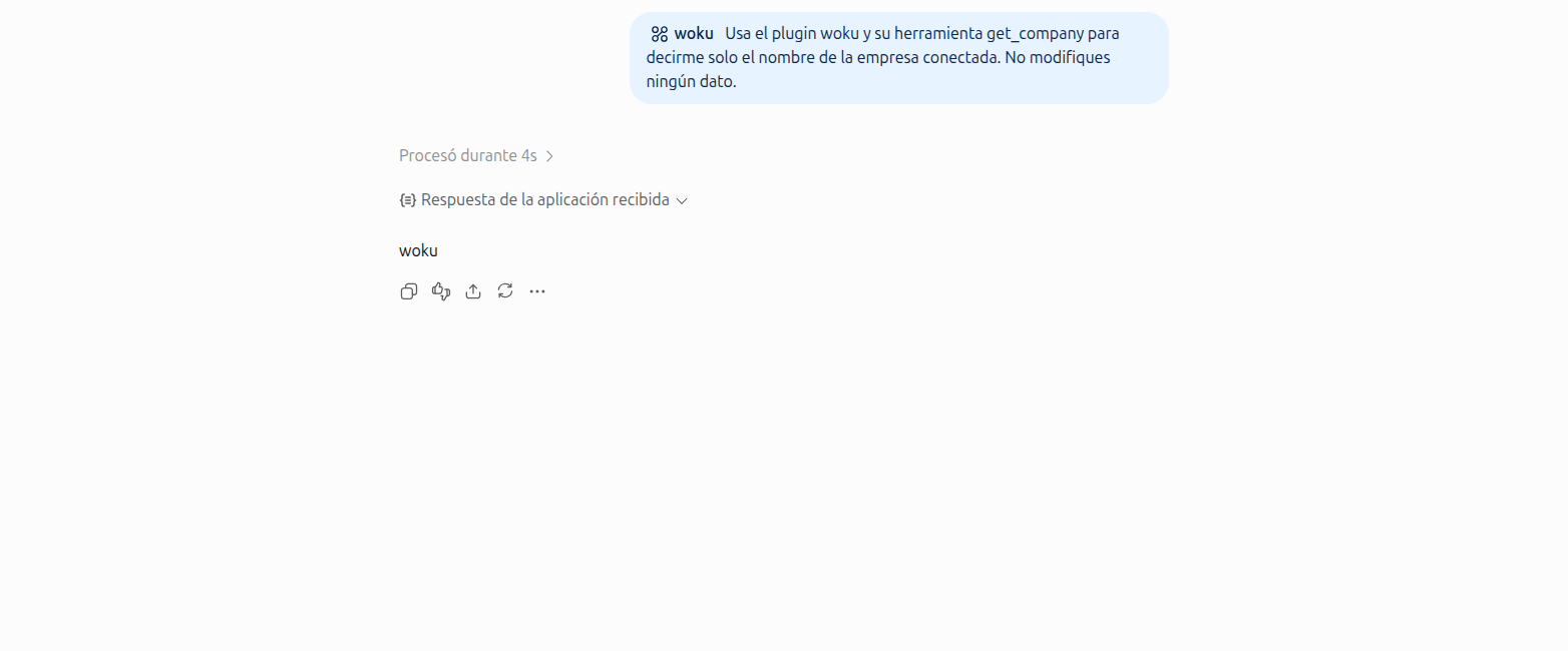 ChatGPT en español muestra la respuesta woku tras consultar la herramienta get_company