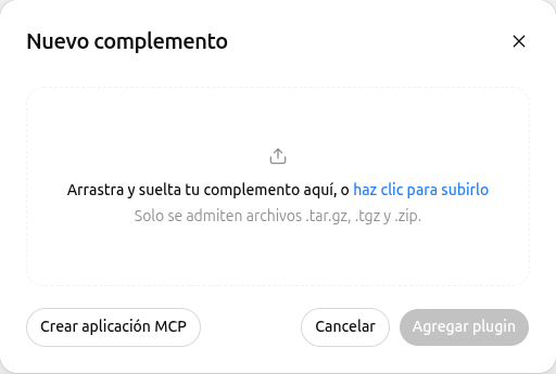 Ventana Nuevo complemento de ChatGPT con el botón Crear aplicación MCP