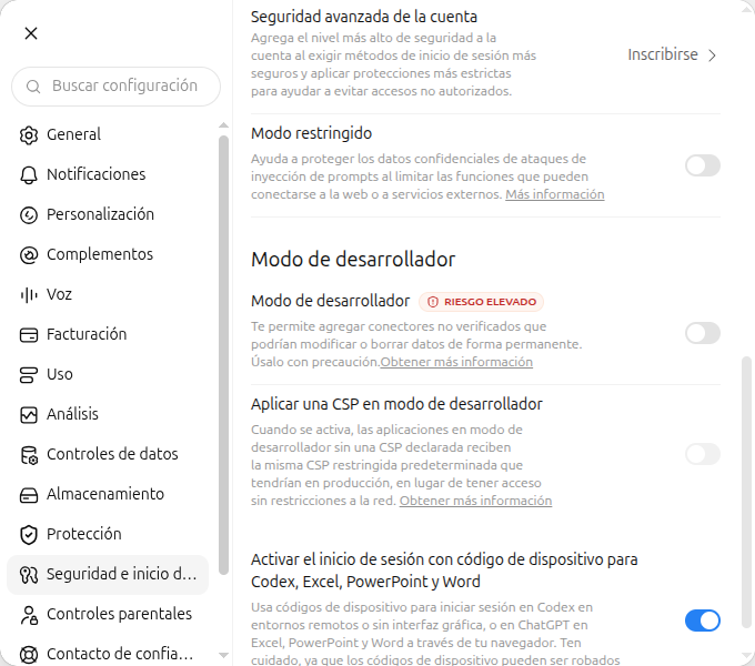 Seguridad e inicio de sesión de ChatGPT en español con Modo de desarrollador apagado