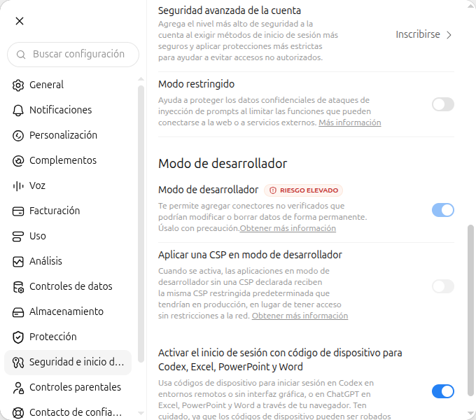 Seguridad e inicio de sesión de ChatGPT en español con Modo de desarrollador encendido