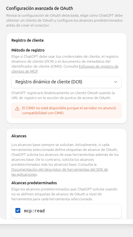 Configuración OAuth avanzada de ChatGPT con DCR, mcp:read y mcp:write