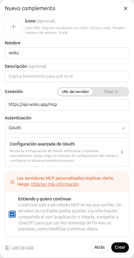 Formulario de aplicación MCP de ChatGPT con el nombre woku, su URL y OAuth