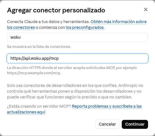 Primer paso del conector personalizado de Claude con el nombre woku y su URL MCP