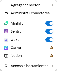 Menú de conectores de Claude con woku activado para la conversación