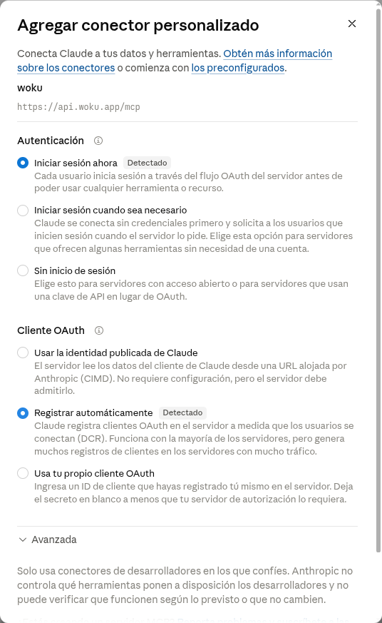 Segundo paso del conector de Claude con Iniciar sesión ahora y Registrar automáticamente seleccionados