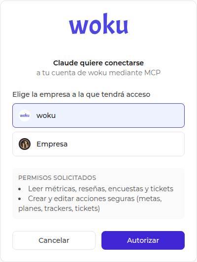 Consentimiento de woku para Claude en español, con la empresa woku seleccionada