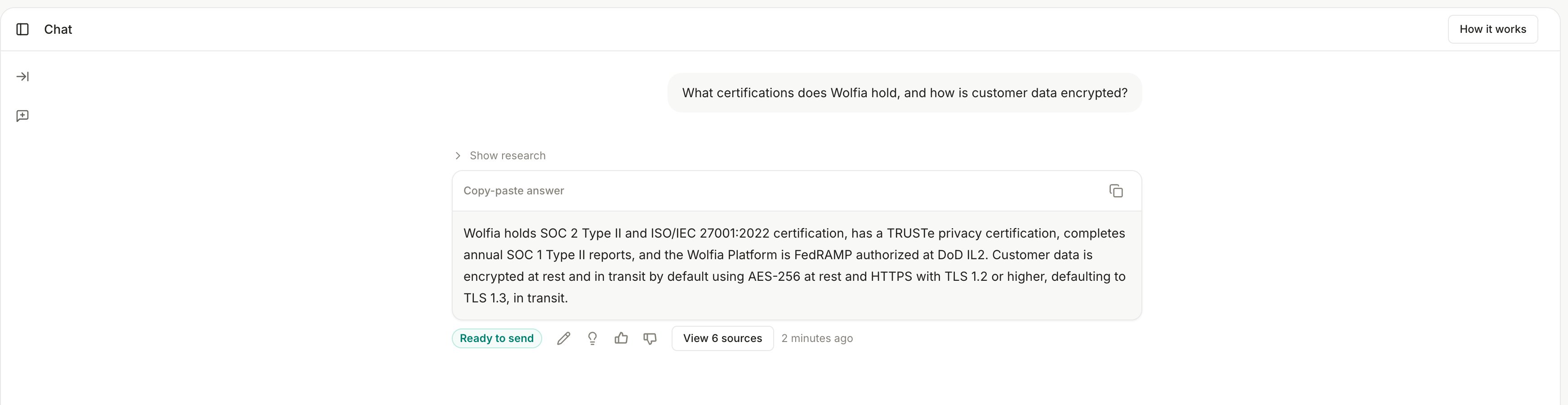 A Wolfia chat answer to a security question, marked ready to send with a cited source
