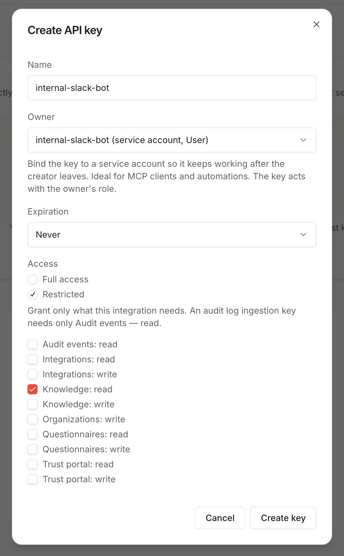 The API key creation dialog with restricted access and the knowledge read scope selected