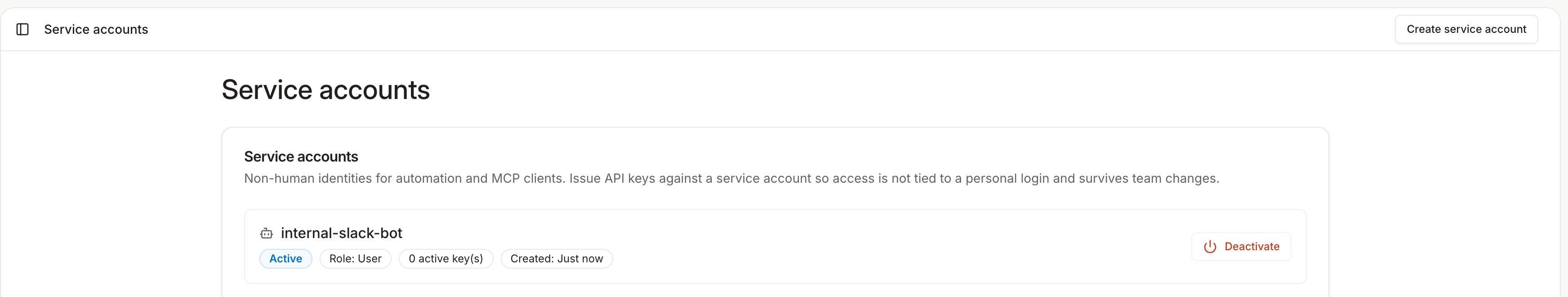 The service accounts page showing a service account for an internal Slack bot