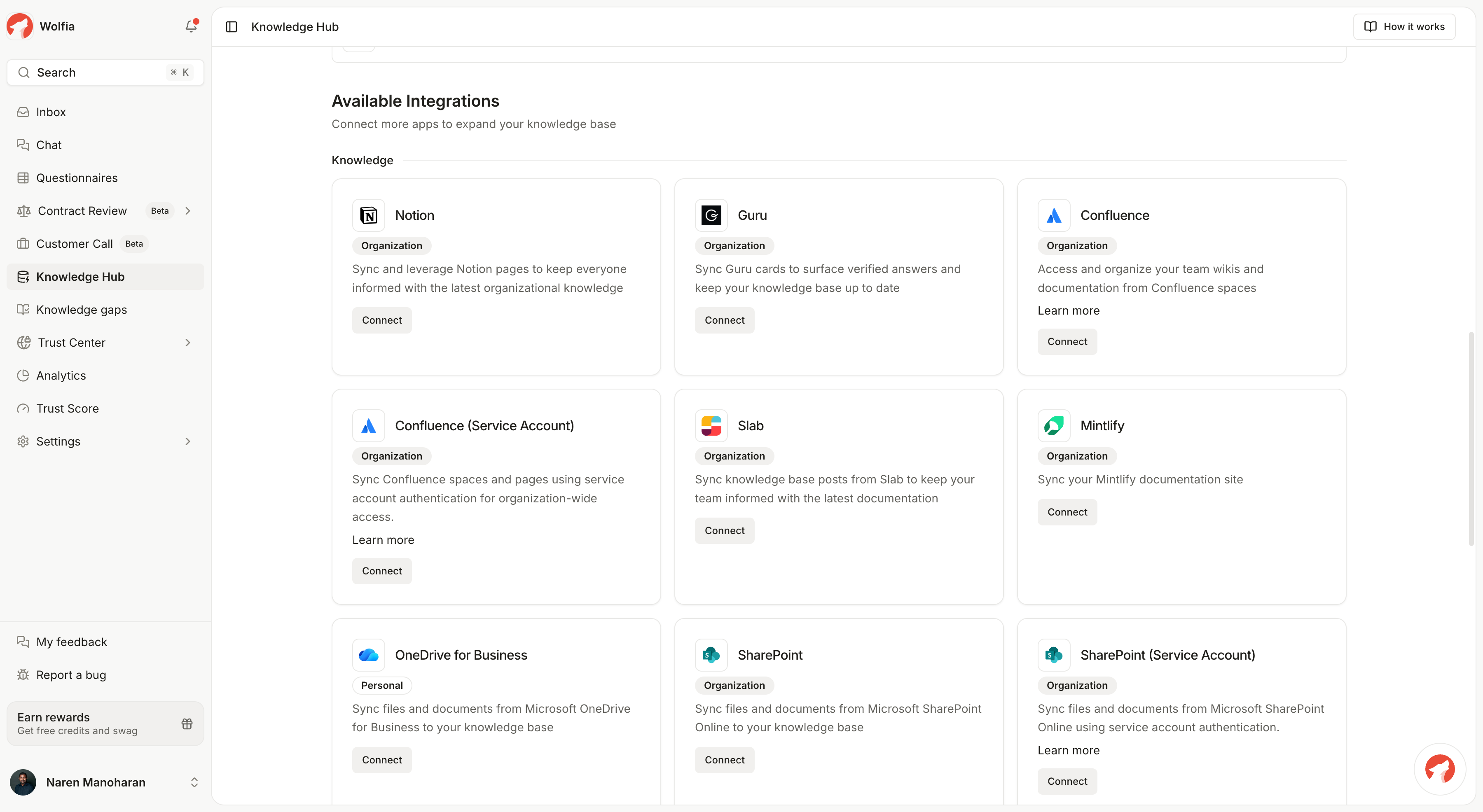 The Knowledge Hub integrations list with the Mintlify card