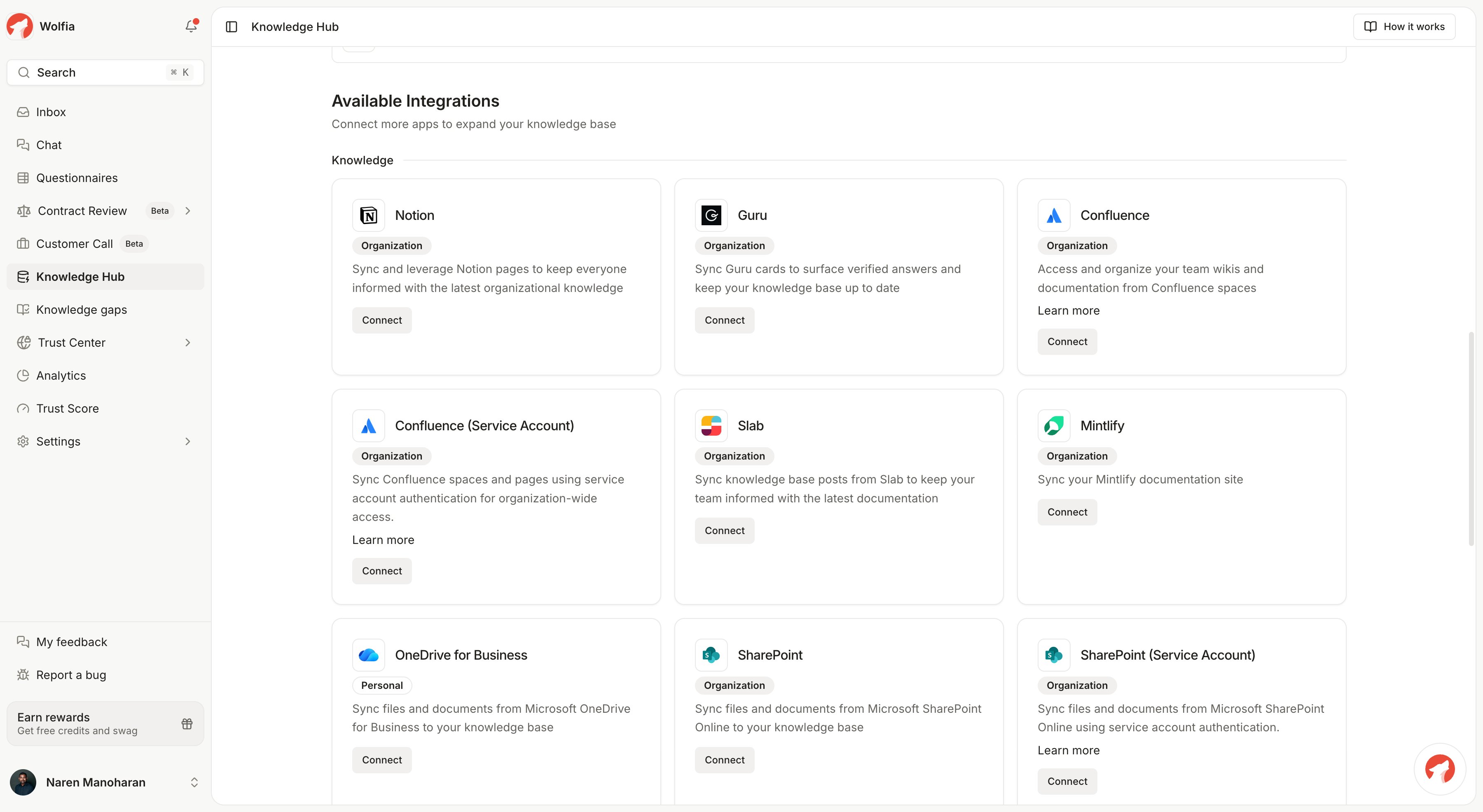 The Knowledge Hub integrations list with the Mintlify card
