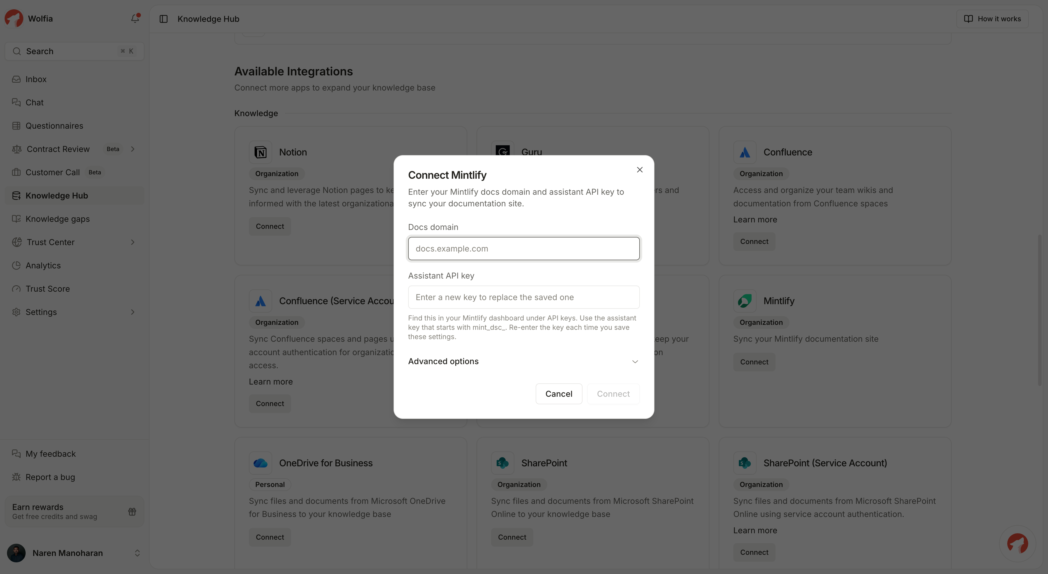 The Mintlify connection dialog with the docs domain and assistant API key fields