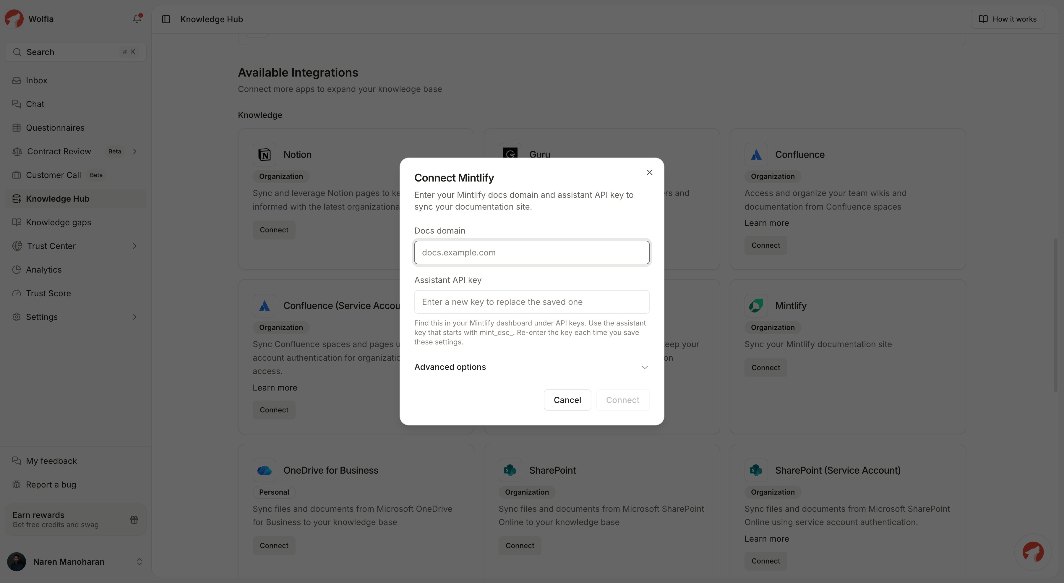 The Mintlify connection dialog with the docs domain and assistant API key fields