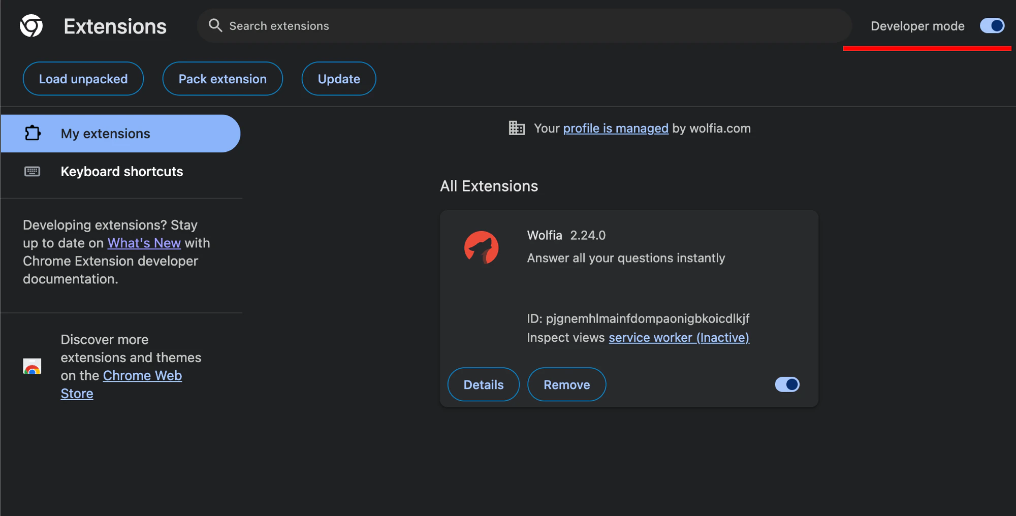 Developer mode toggled on, showing the version number on the Wolfia card