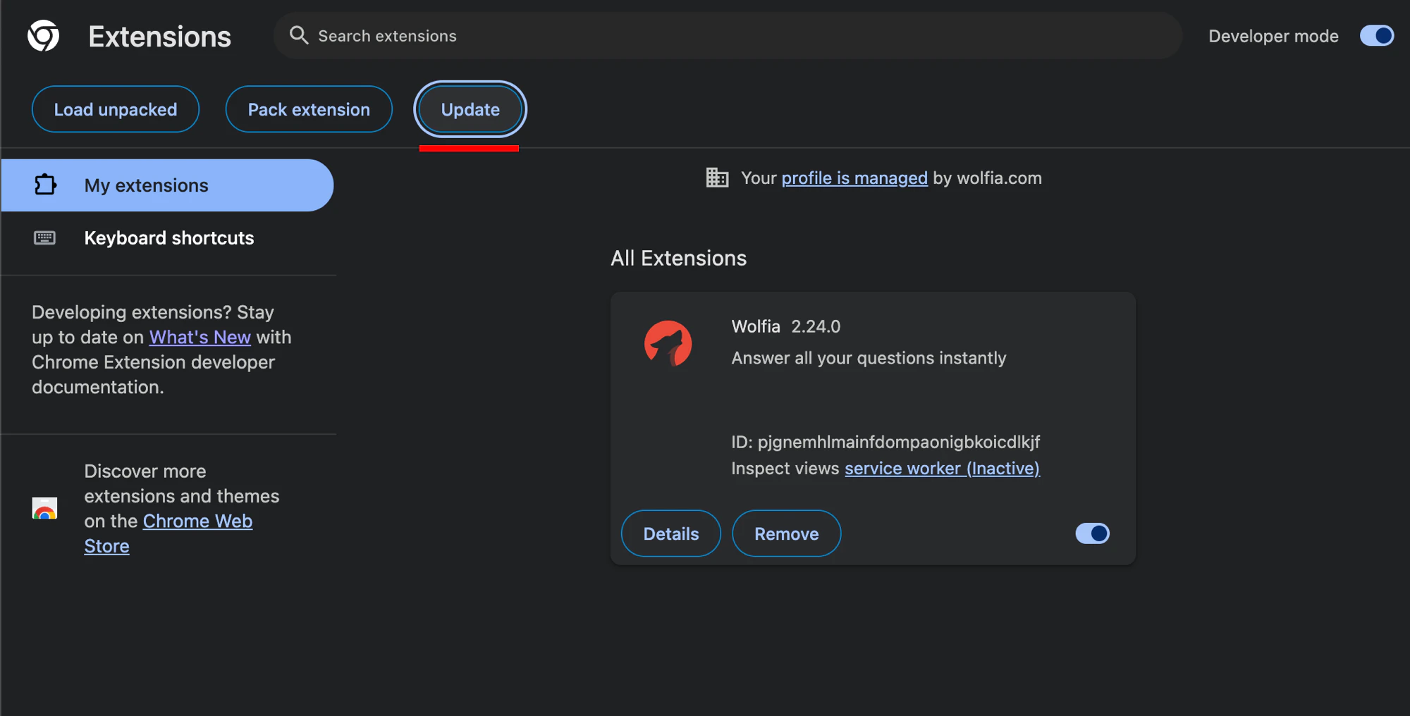 Update button highlighted in the chrome://extensions toolbar