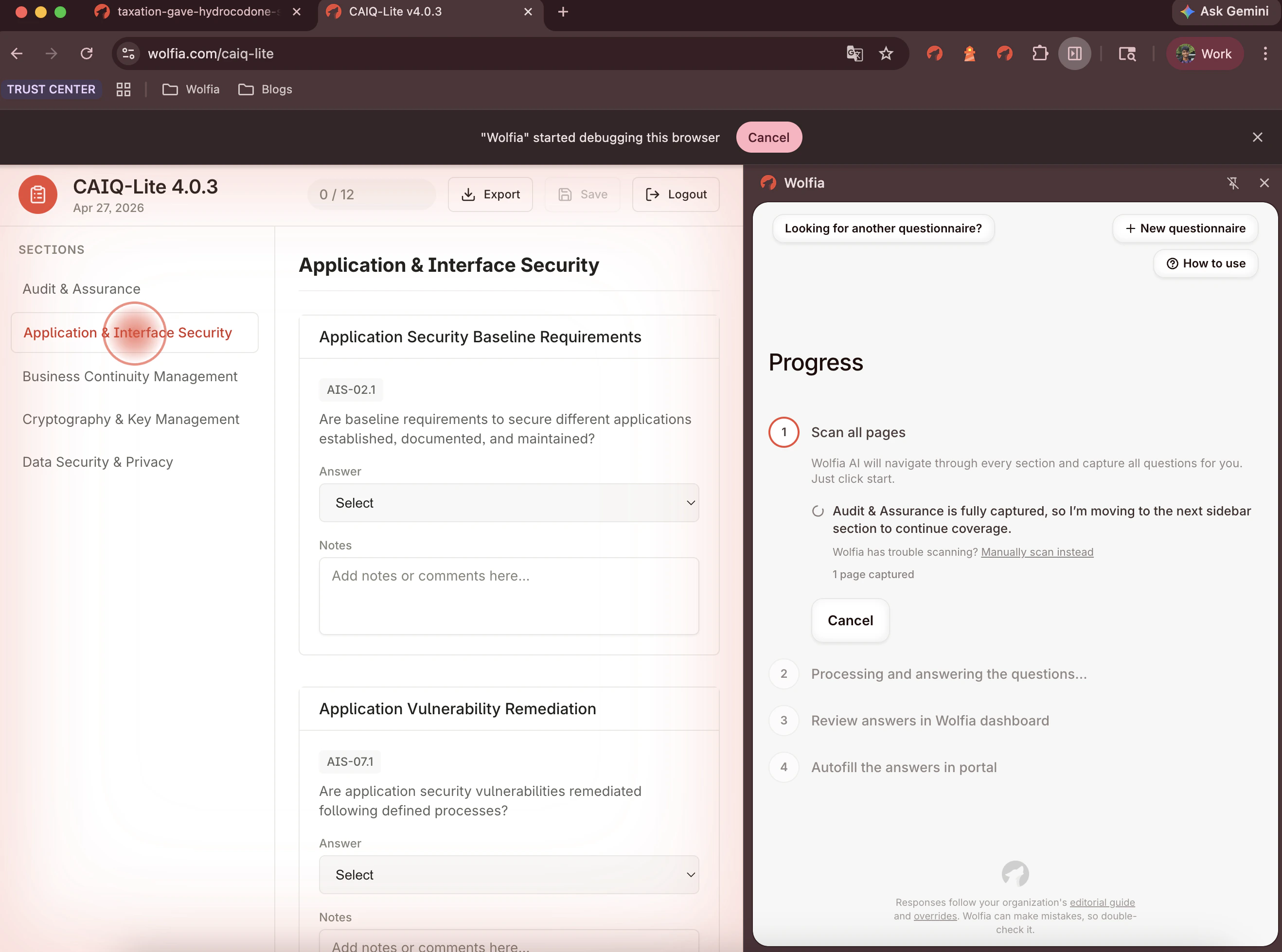 Wolfia agent navigating through the questionnaire and capturing questions