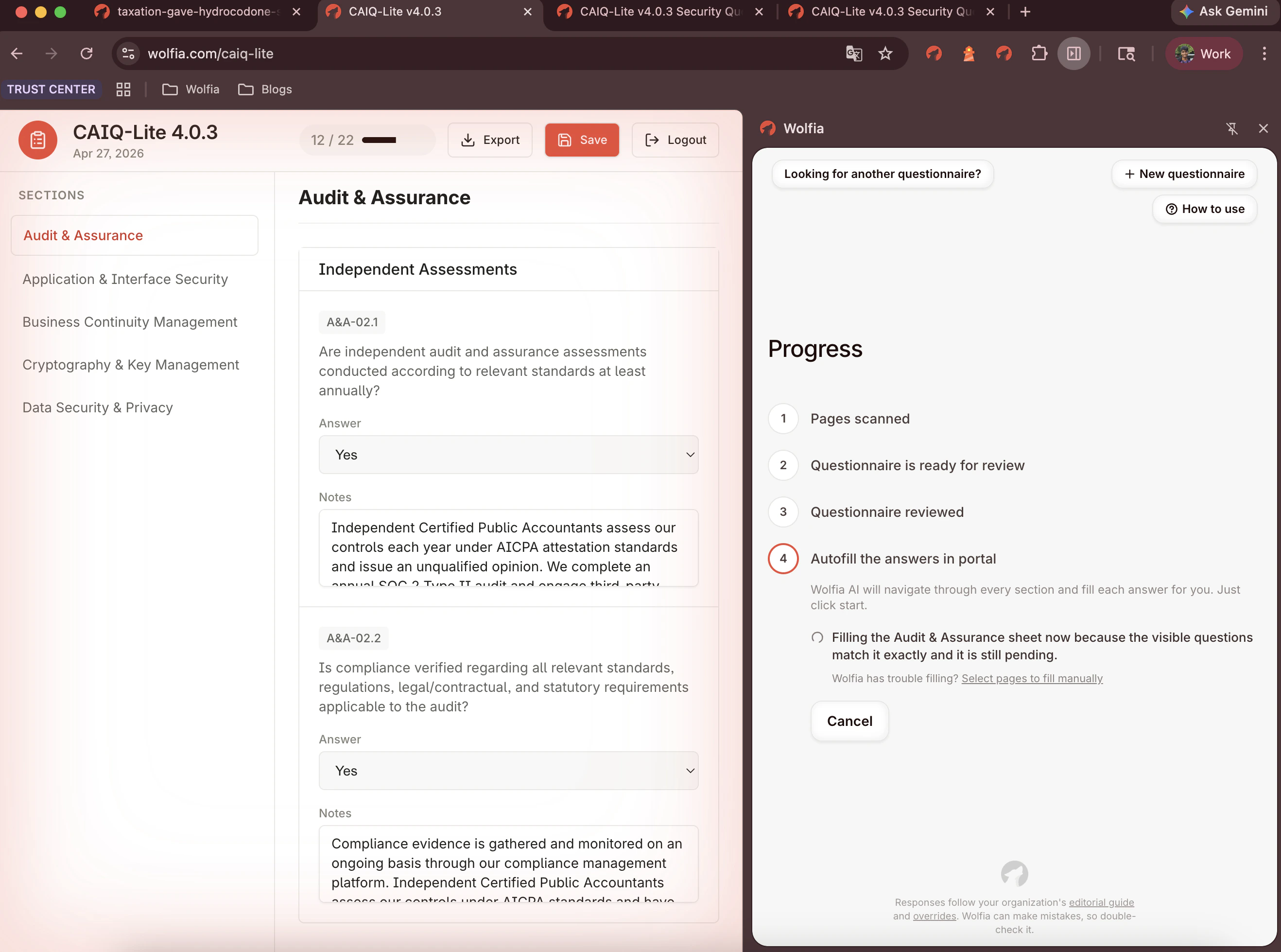 Wolfia filling answers into the portal