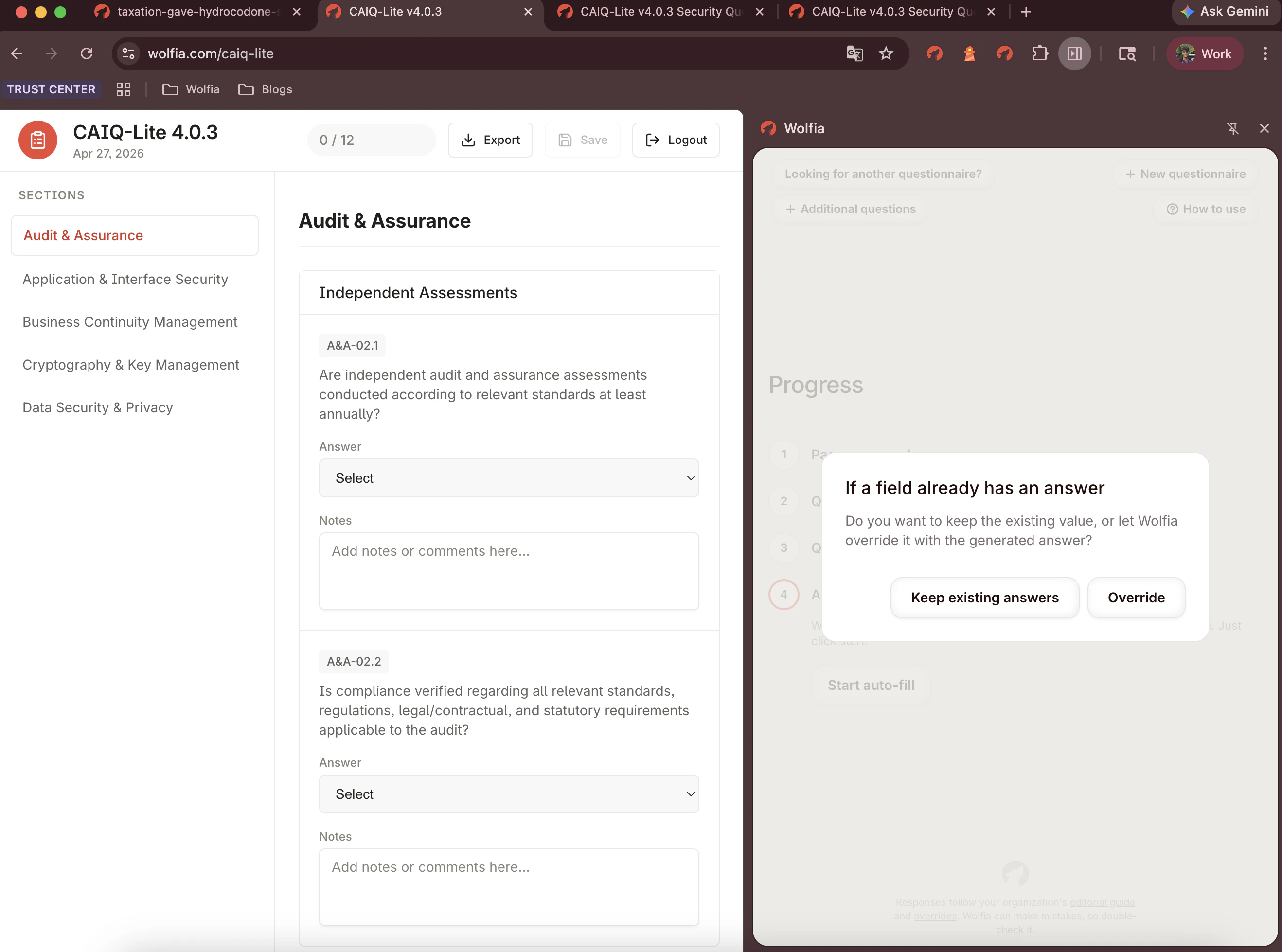 If a field already has an answer prompt with Keep existing answers and Override buttons
