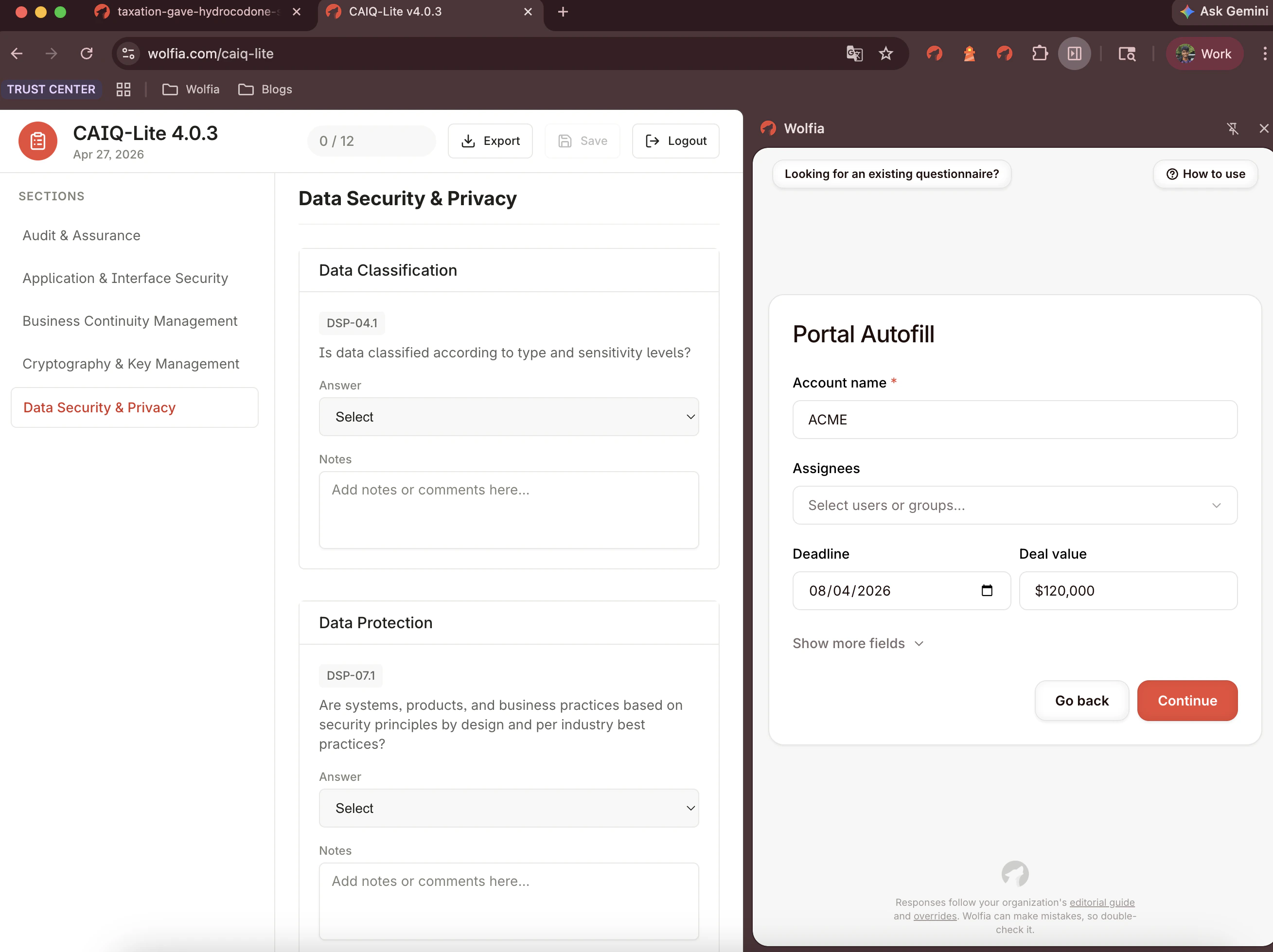 Portal Autofill metadata form with account name, deadline, and deal value