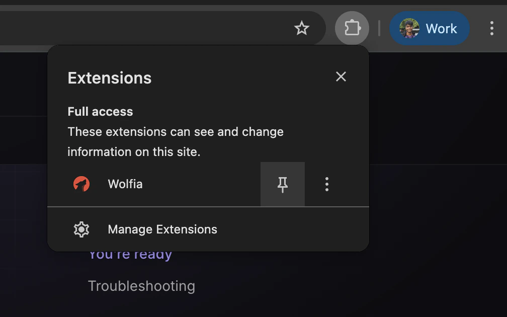 Pinning the Wolfia extension to the toolbar