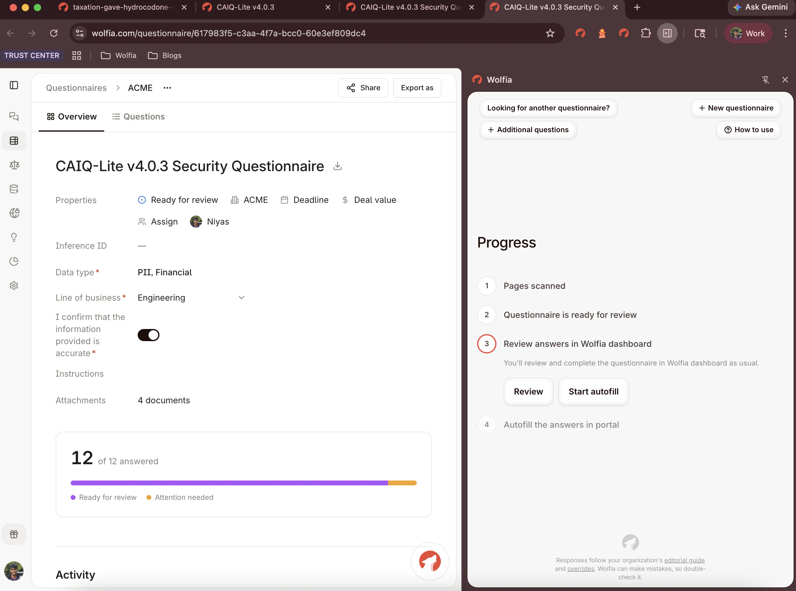 Reviewing AI-drafted answers in the Wolfia dashboard