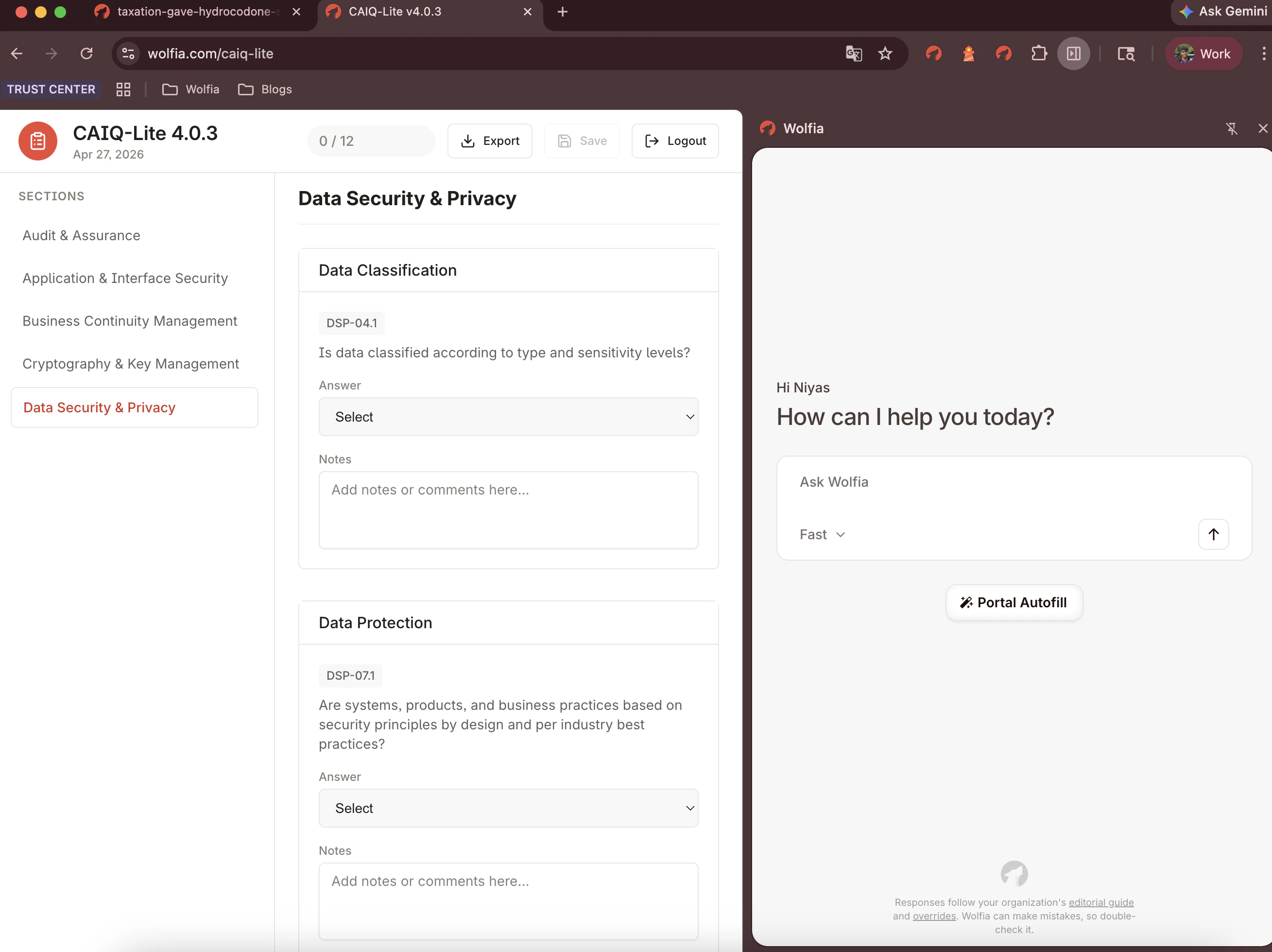Wolfia Chrome extension open next to a vendor portal