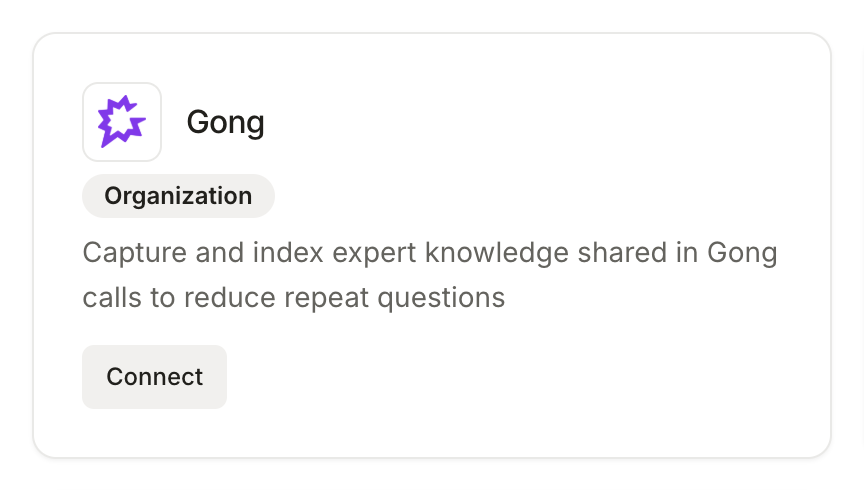 Gong card under Available Integrations