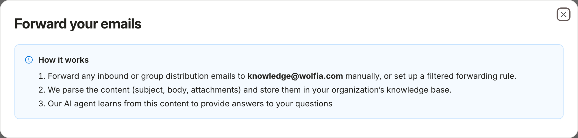 The Forward your emails dialog