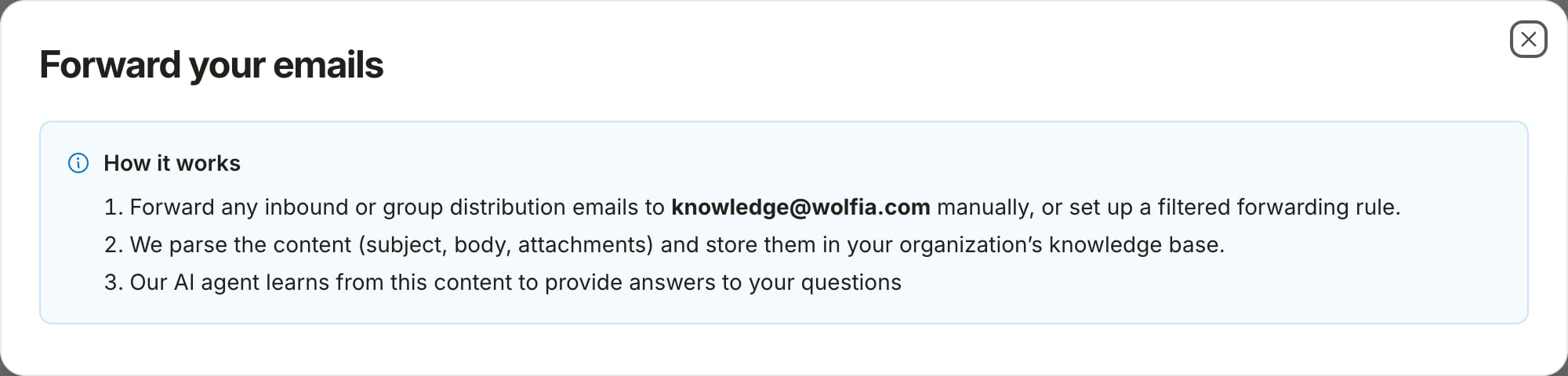 The Forward your emails dialog