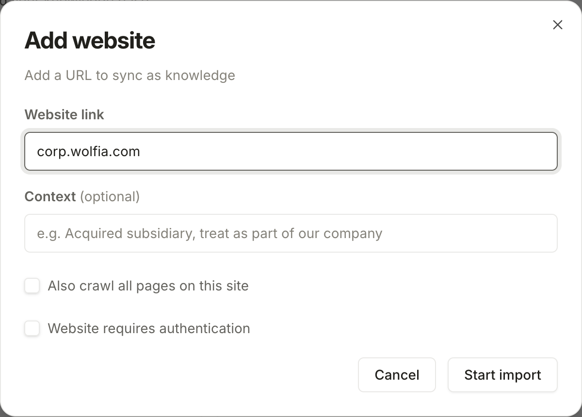 The Add website dialog