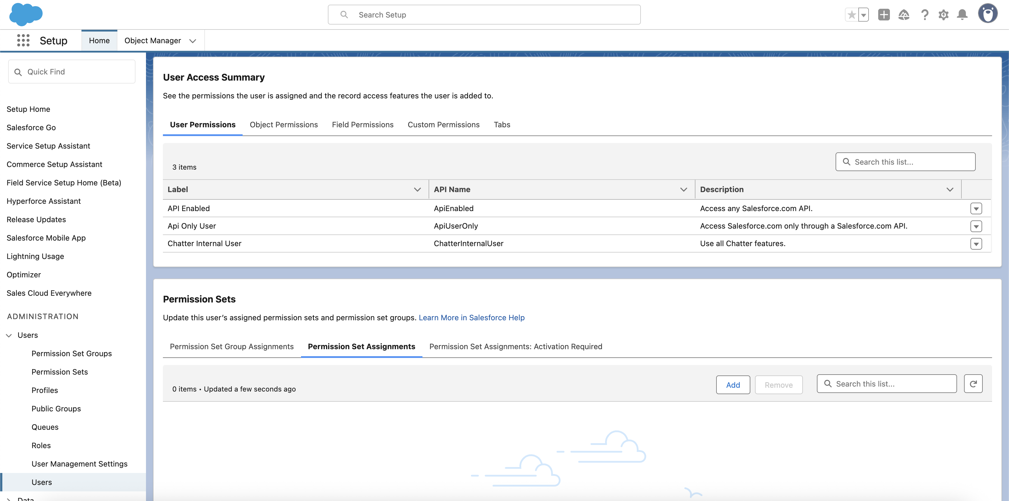 User Permission Sets Section