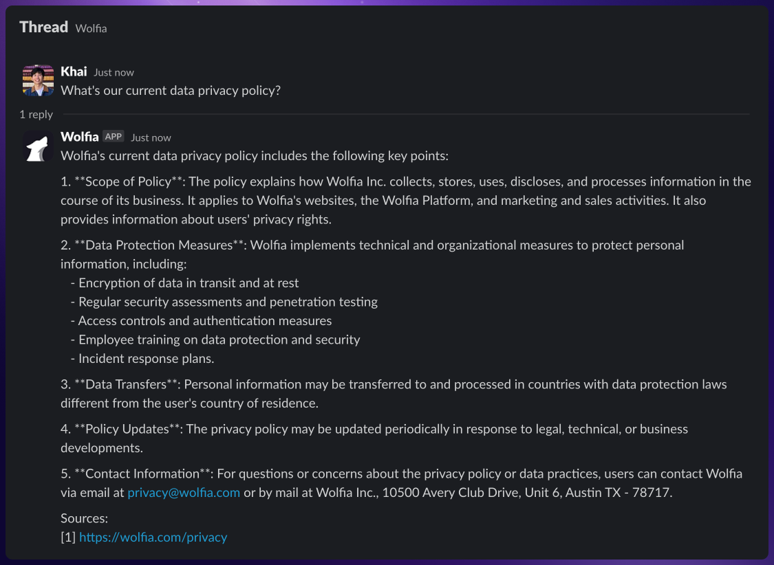 Wolfia answering in Slack with citations