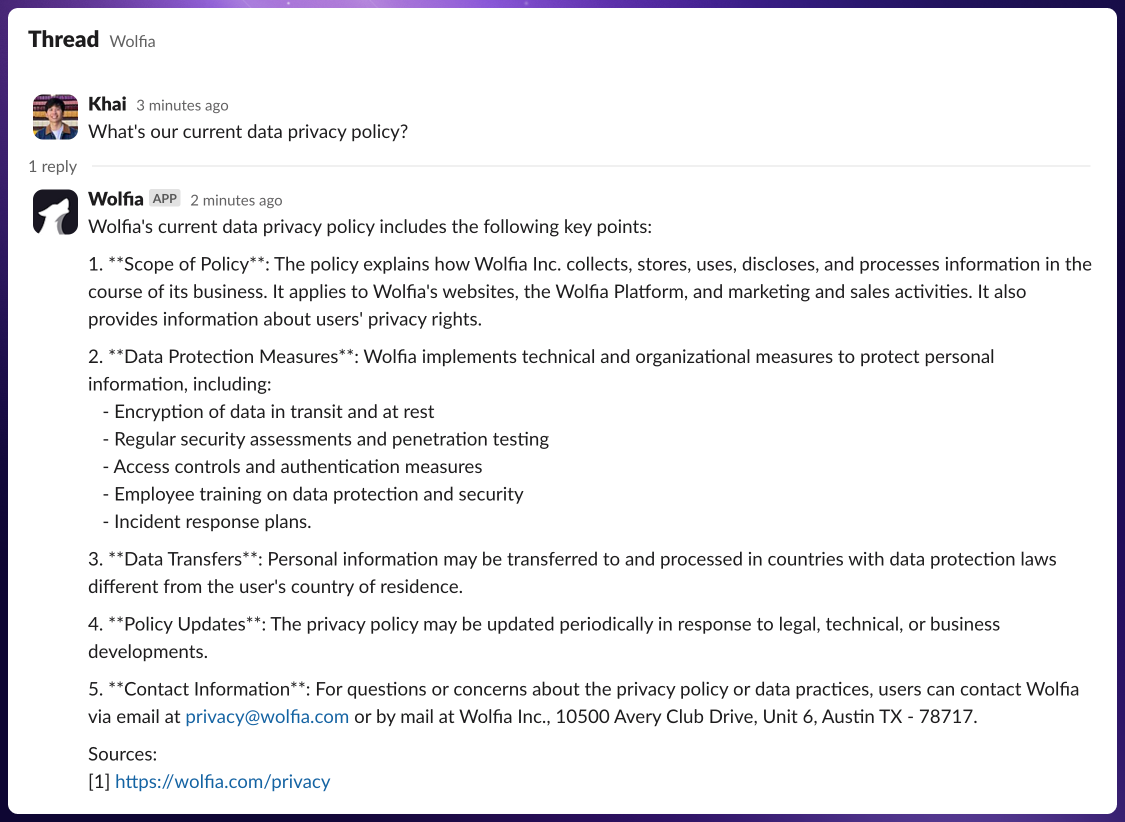 Wolfia answering in Slack with citations