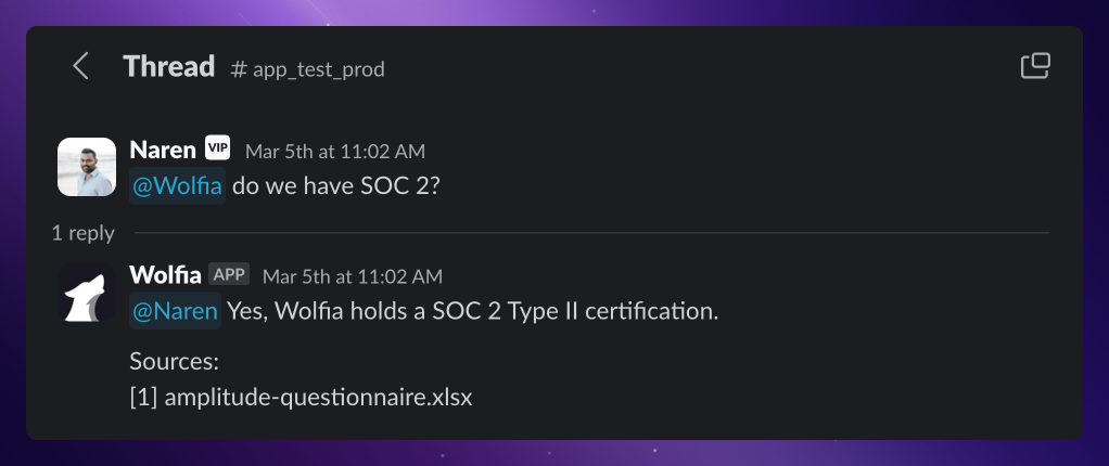 Wolfia answering in a Slack channel with citations