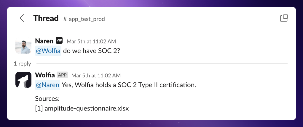 Wolfia answering in a Slack channel with citations