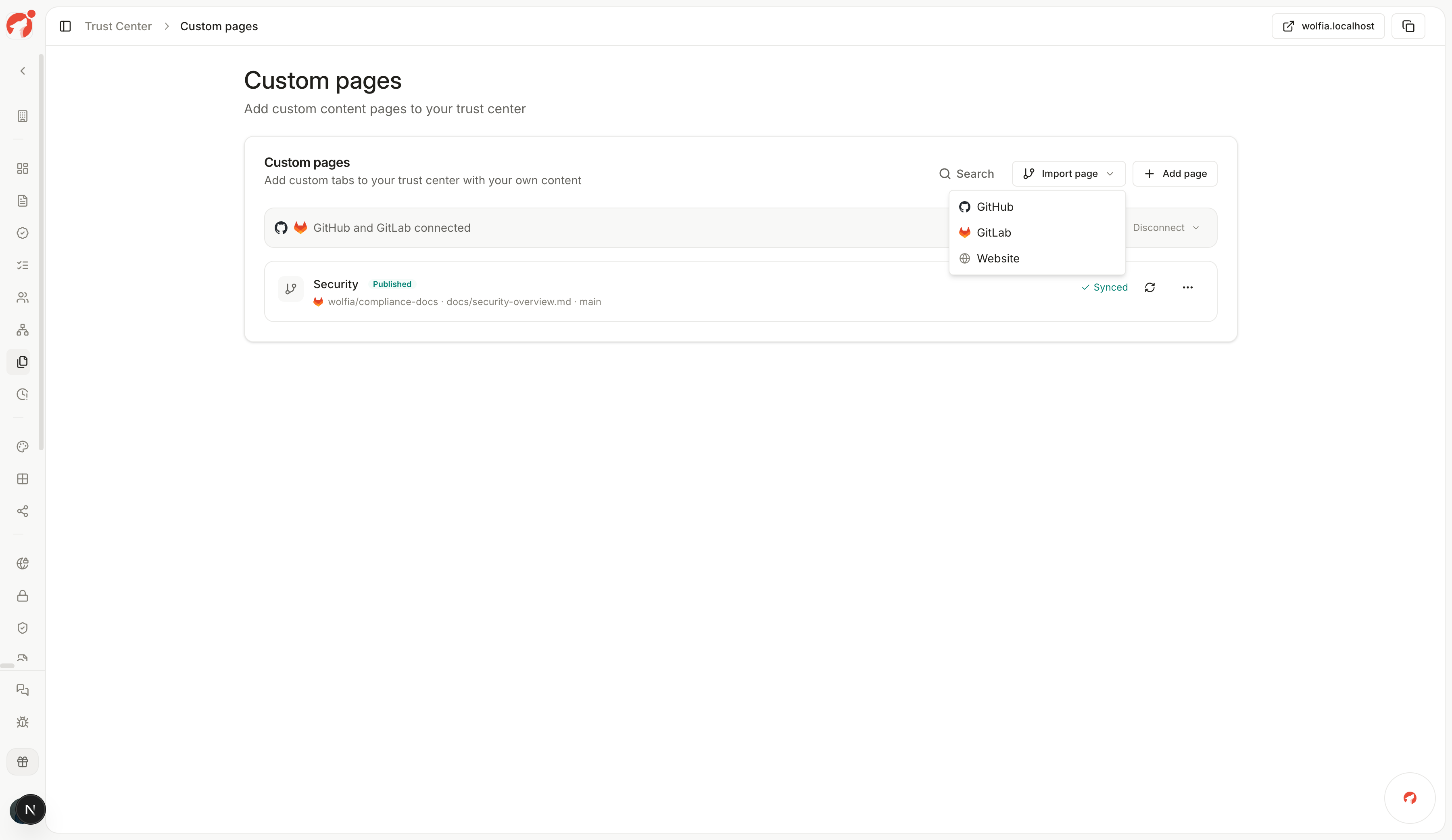 Import page menu with GitHub, GitLab, and Website options