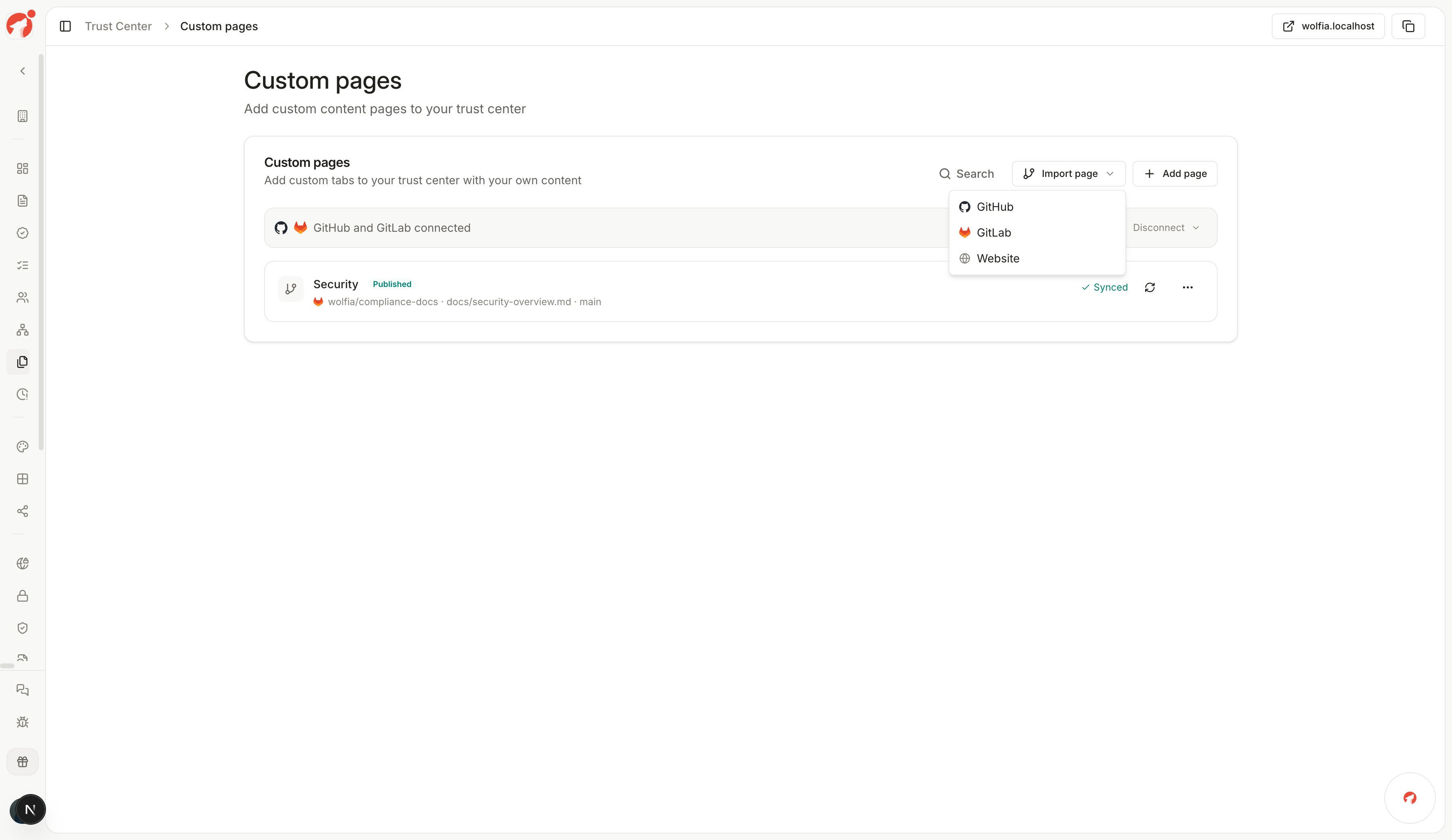 Import page menu with GitHub, GitLab, and Website options