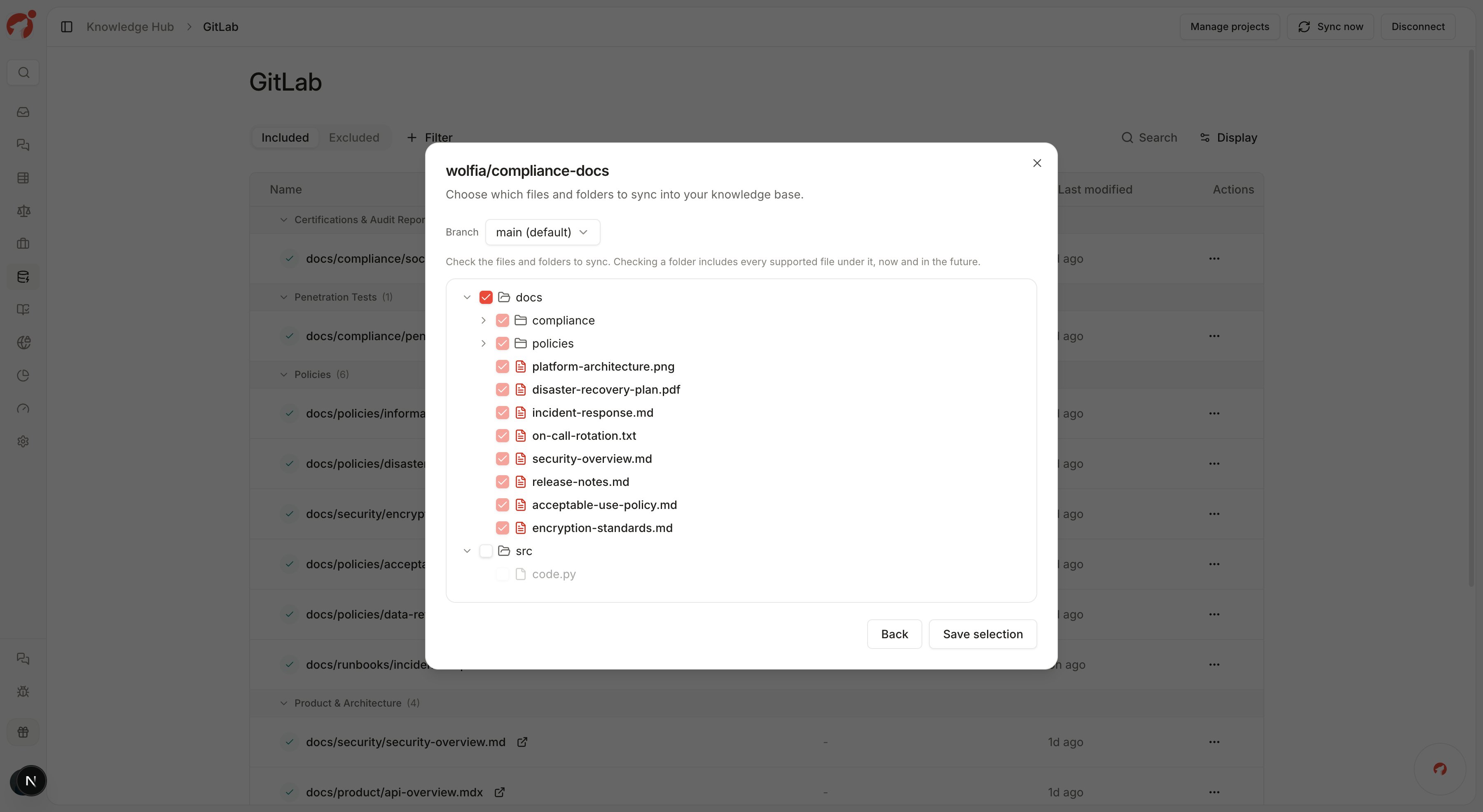 Choosing files and folders to sync