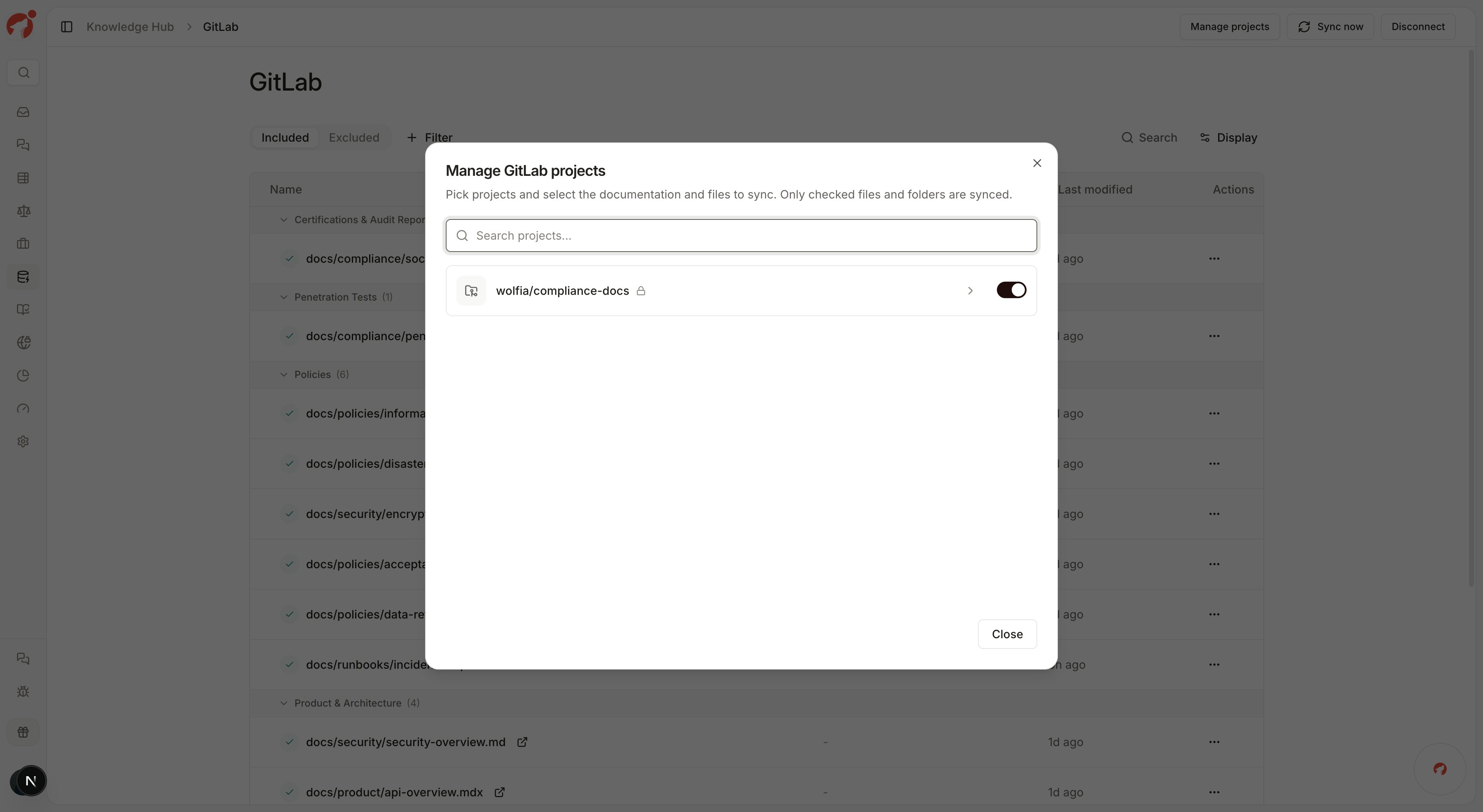 Manage GitLab projects dialog