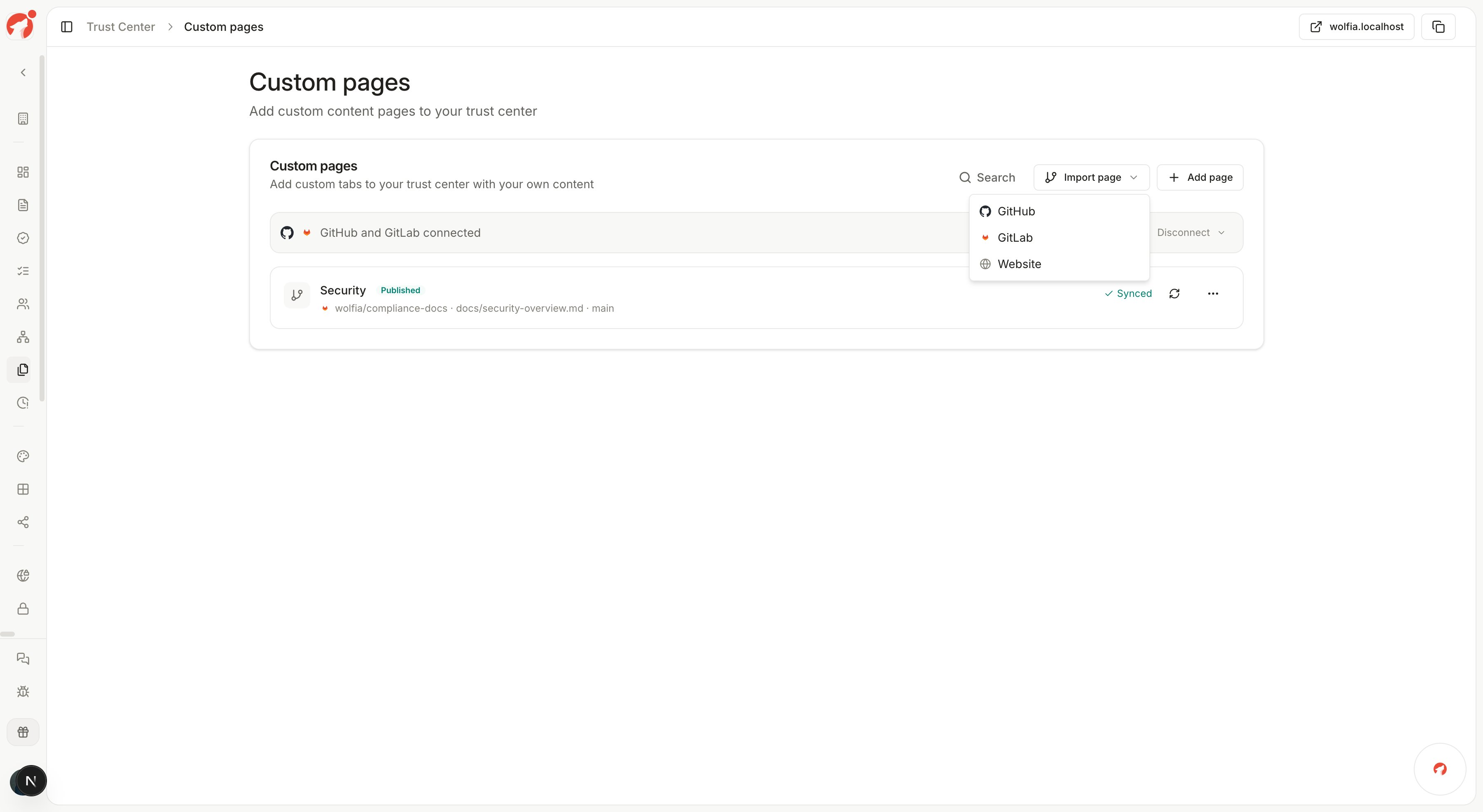 Import page menu with GitHub, GitLab, and Website options