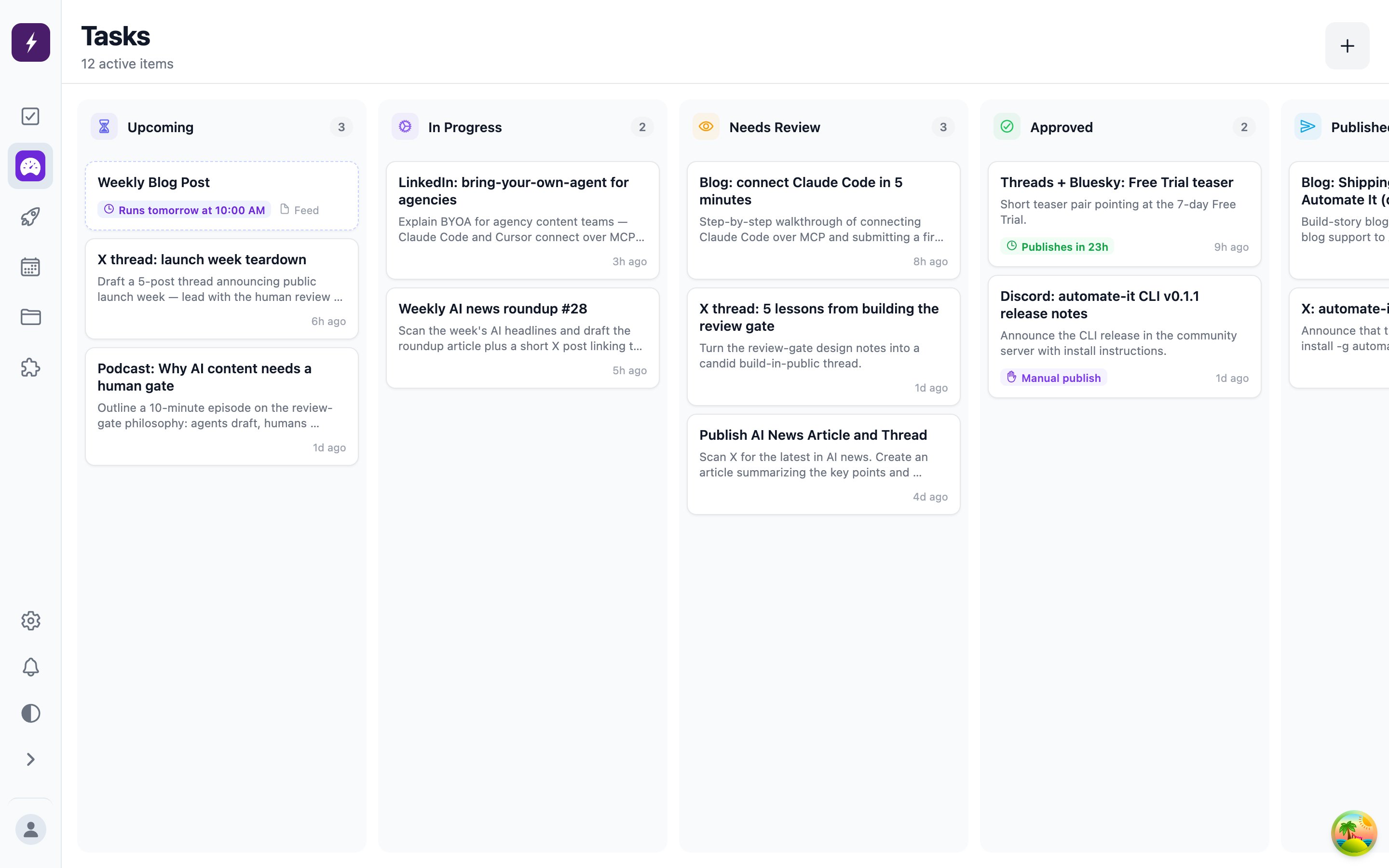 The task board: Upcoming, In Progress, Needs Review, Approved, and Published columns