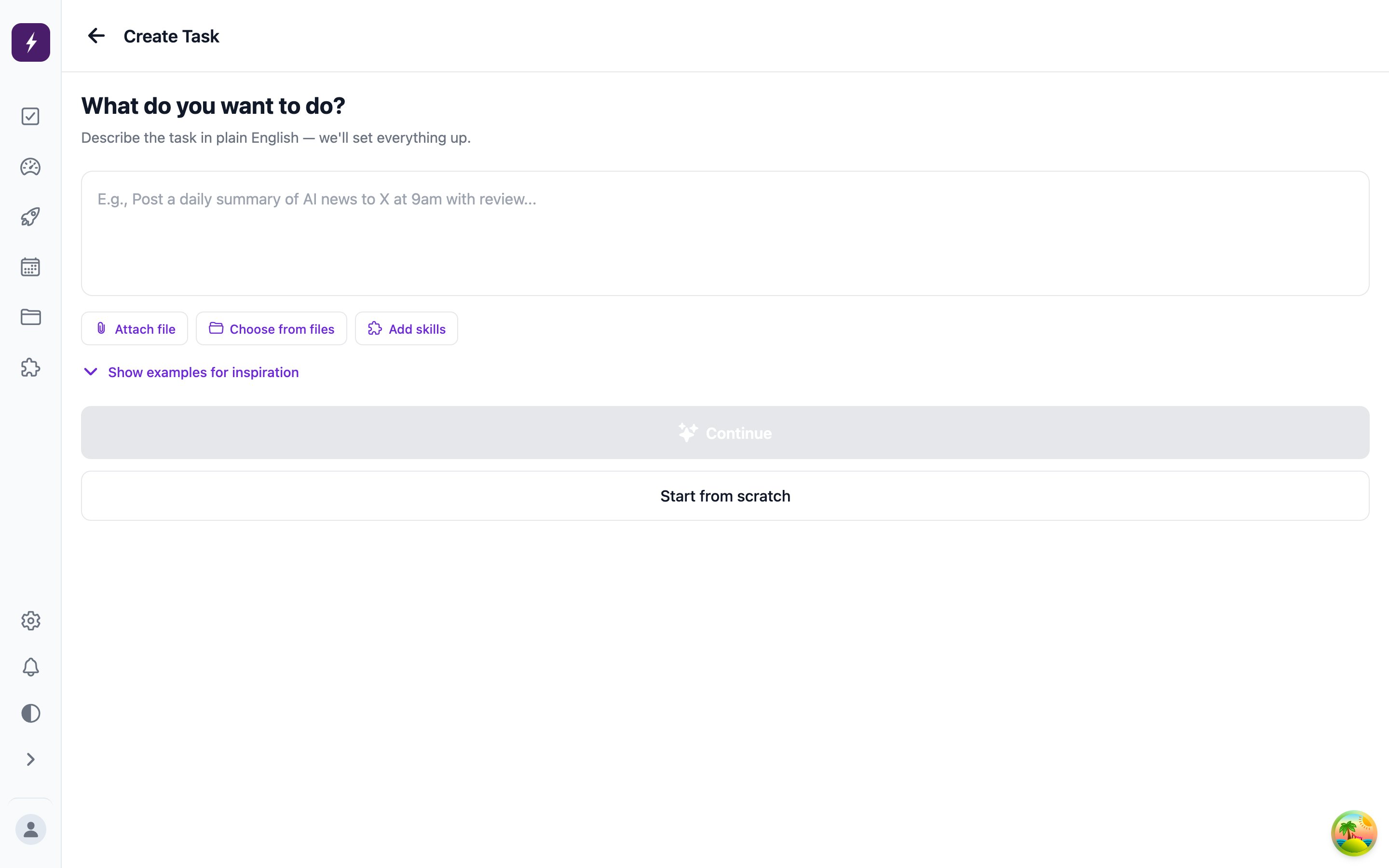 The Create screen: describe the task in plain English