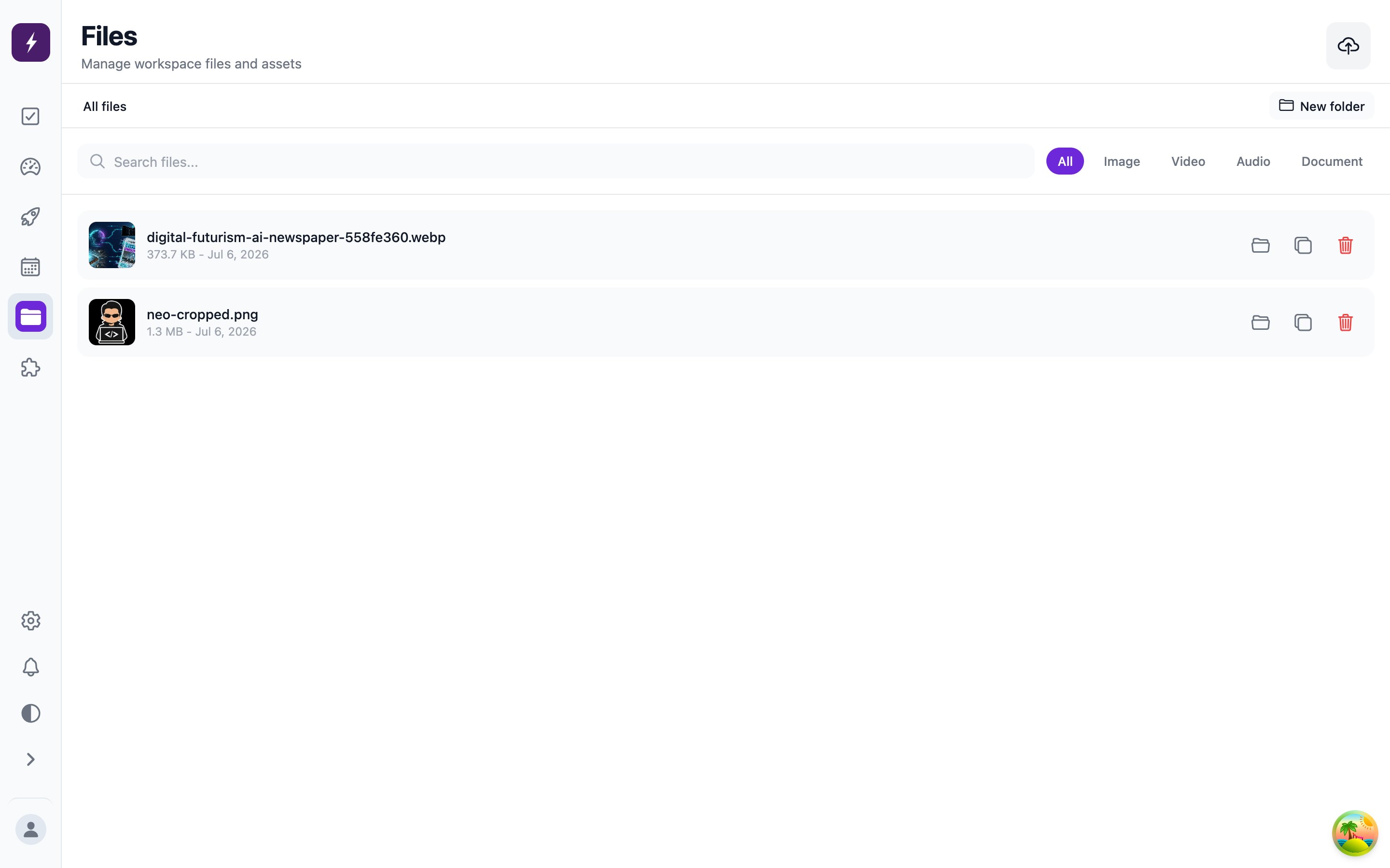 The Files screen: the workspace media library with search and type filters