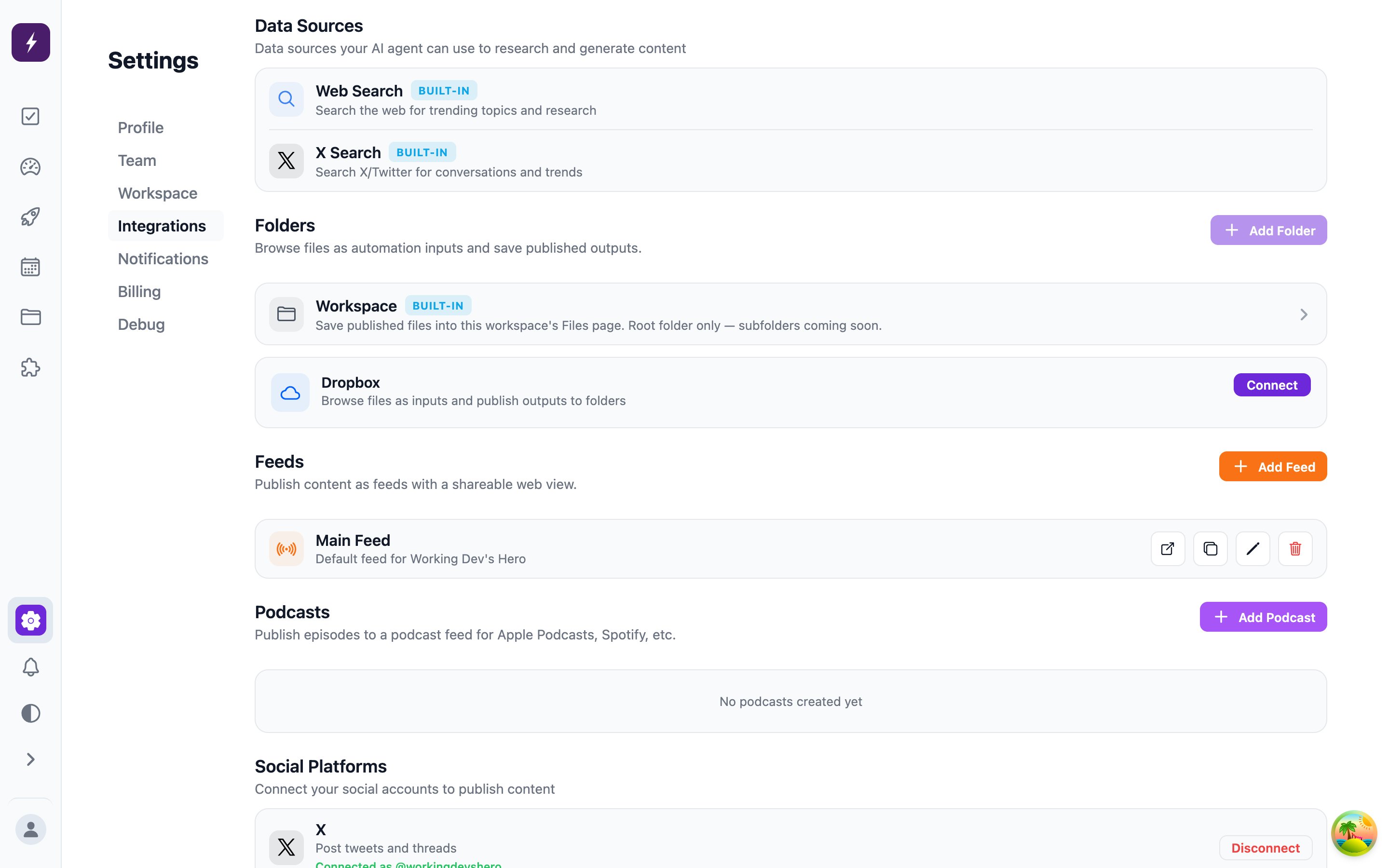 Integrations settings: data sources, folders, feeds, podcasts, and social platforms